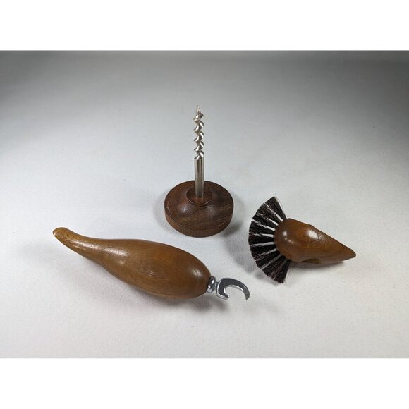 Vintage minimalist wood bird bottle opener, MCM Danish Bird Corkscrew + Bottle - Picture 4 of 10